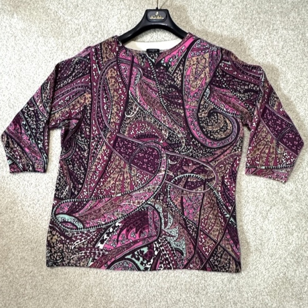 Talbots 100% Cashmere Pink & Burgundy Paisley Sweater 3/4 Sleeves Plus 1X  LNC